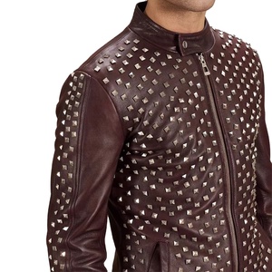 แจ็กเก็ตหนังวัวสำหรับผู้ชาย, แจ็กเก็ตฤดูหนาวสไตล์พังค์สไตล์นักขี่จักรยานมีซิปปิดด้วยหมุดปักหมุดเสื้อแจ็คเก็ตหนังลำลองสำหรับผู้ชาย - Product Image 5