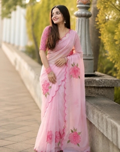 Sari en coton et lin imprimé Bollywood pour femme KV avec chemisier non cousu (rose) réversible et à séchage rapide - Product Image 6
