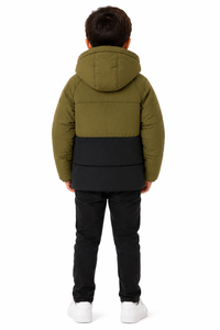 Blouson matelassé à capuche pour garçons, couleur olive et noir, chaud, hiver, manches longues, léger, fermeture éclair - Product Image 3