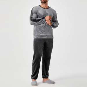 Ensemble de pyjama en polaire pour homme, manches longues, couleur unie, doux, vêtements de nuit d'hiver, vêtements décontractés pour la maison, gris et noir, deux pièces - Product Image 2