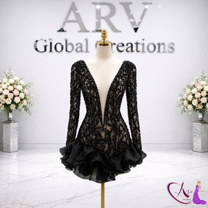 Vestido mini negro de manga larga con cuello en V profundo y cuentas |   Vestido de Noche Elegante de Malla Transparente Hecho a Mano con Cintura Natural y Corte Ajustado - Product Image 2