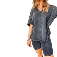 Ensemble T-shirt et short surdimensionné pour femme, personnalisé en usine, effet délavé minéral, tendance été, deux pièces décontractées, séchage rapide, en polyester