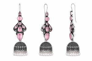 Wholesale Pink Stone <b>Oxidized</b> Silver Jhumka Earrings for Women | Traditional Indian Ethnic Pearl Drop Earrings - Product Image 3