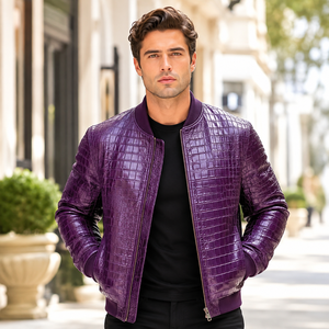 Blouson Bomber en Cuir Gaufré Violet pour Homme avec Fermeture Éclair – Collection LEATHER SPOT |   Polyester respirant fait main - Product Image 4