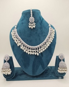<b>Pearl</b> Beaded Cluster Necklace <b>Set</b> With Matching Jhumki Earrings And Mang Tika Reception & Party Wear <b>Jewellery</b> <b>Set</b> Manufacturers - Product Image 1