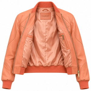 Chaqueta de cuero color coral melocotón para mujer, abrigo bomber de piel de cordero auténtica con costuras onduladas y ribetes acanalados, proveedor mayorista Darkry - Product Image 5