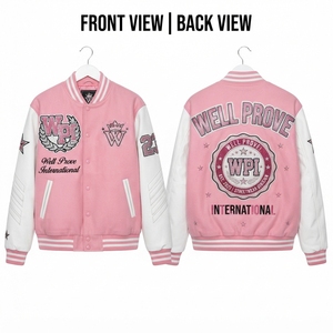 Veste universitaire rose et blanche haut de gamme respirante en mélange laine/coton, poids personnalisé, avec patch chenille sur mesure - Product Image 1