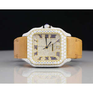 Reloj de Diseño para Hombre, Estilo Hip Hop, con Diamantes Cultivados en Laboratorio VVS, Chapado en Oro, Caja de Plata 925, Correa de Cuero, Venta al Por Mayor - Product Image 1