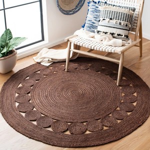 Tapis rond en jute à motif géométrique, style farmhouse tressé, avec envers antidérapant en caoutchouc, à poils fins, pour salle à manger - Product Image 5