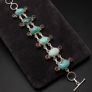 Bracelet à maillons en argent 925 pour femme, style ethnique vintage, serti de turquoise et de grenat - Product Image 2