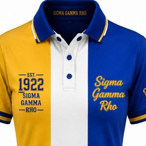 Camiseta Polo de 3 Paneles para Mujer, Sigma Gamma Rho, Azul Rey, Dorado y Blanco, Bloques de Color, Letras Griegas Personalizadas, Manga Corta, Ropa de Equipo de Hermandad - Product Image 6