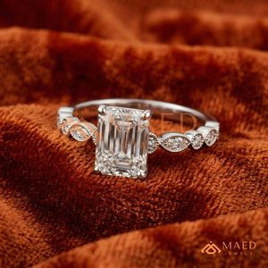 925 Sterling <b>Silver</b> <b>Emerald</b> Cut Moissanite Engagement <b>Ring</b> Twisted Pave Diamond Band Bridal Wedding <b>Ring</b> Women - Product Image 1