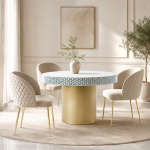 Table à manger ronde en bois avec plateau en résine incrusté de os et piétement doré, design moderne, meuble d'appoint pour salle à manger et salon - Product Image 3