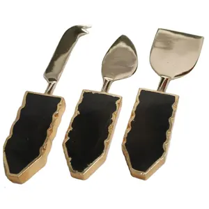 Stainless Steel Gold Finished Handle Handmade Metal Hand Forged Cheese Set Custom Made Knife Fork Spoon Metal Cheese Set