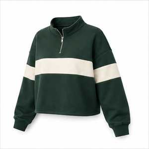 Sudadera Corta Moderna para Mujer Forest Olive, Personalizable, de Dos Tonos, en Algodón Orgánico, con Cierre de Media Cremallera, WHZCROP-0006 - Product Image 6