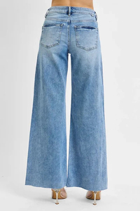 Jean en denim évasé taille haute pour femme, déchiré et vieilli, bleu clair, coupe droite ample, longueur cheville, pantalon pour femme - Product Image 6