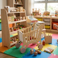 Mini chariot de courses en bois pour enfants, fabriqué en pin américain durable par Hao Hung Long An, sûr et disponible en plusieurs couleurs.