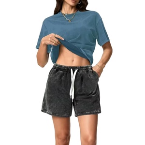 Solid Color Vintage Washed Short Sleeve Shorts Set Women's Distressed Two-Piece Casual Daily Wear Regular Fit Summer for Wear - Product Image 1