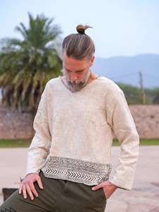 Handmade <b>Men</b> Khadi Cotton Shirt Long Sleeve V Neck T-shirt White Boho Top Breathable Organic Cotton Loose Fit Casual Shirt - Product Image 1