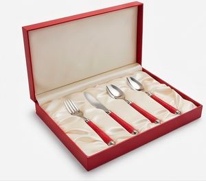 Ensemble de couverts élégants en acier inoxydable avec manches en cuir rouge, couteau, fourchette, cuillère, passe au lave-vaisselle, vaisselle de mariage - Product Image 6