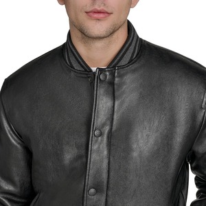 <b>Men's</b> Black PU <b>Leather</b> Bomber <b>Jacket</b> Stand Collar Button Closure Casual Style Autumn Wear Regular Fit Solid Color - Product Image 3