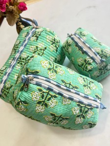 Sacs de toilette bohèmes, ensemble de trousses de maquillage en coton matelassé bleu et blanc, taille moyenne, multifonctions, avec fermeture éclair, pour voyages - Product Image 2