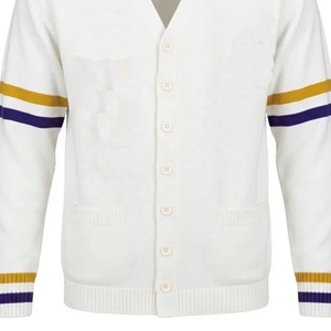 University Fraternities <b>Men</b>’s <b>White</b> Knitted <b>Cardigan</b> Sweater with Gold and Purple Stripes Wholesale Custom Varsity <b>Cardigan</b> - Product Image 3