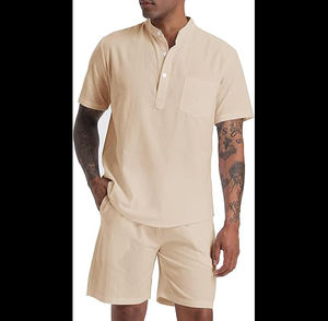 Conjunto de camisa Henley y pantalones cortos de lino y algodón para hombre, 2 piezas, ropa de playa, traje a juego para vacaciones, ropa de verano - Product Image 1