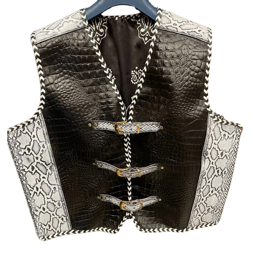 Leren vest heren krokodil reliëf zwart motorfiets stijl club Leren vest heren krokodil reliëf zwart motorfiets stijl club