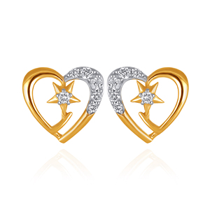 Boucles d'oreilles clous en or jaune en forme de cœur avec diamants ronds taille brillant et motif étoile, pour femme, romantiques, à porter au quotidien - Product Image 4