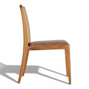 Silla de Comedor Moderna de Madera de Teca de Mediados de Siglo con Respaldo de Ratán Natural y Asiento Tapizado en Tela para Restaurante y Hogar - Product Image 4