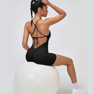 Essential Black Women Yoga Bodysuit Short Seamless Spaghetti <b>Strap</b> Tummy Control Gym Workout Romper - Product Image 4