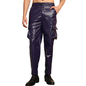 Sleek Blue Color Multi Side Pocket Style Good Supplier Fully Customized Stretchable Material Zippered Slim Fit Faux Leather Pant - Product Image 1