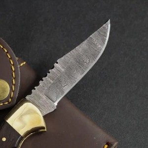 Custom OEM DIY Damascus Steel Folding <b>Knife</b> with <b>Bone</b>+Brass <b>Handle</b> Handmade Pocket <b>Knife</b> Leather Sheath Outdoor EDC Gift - Product Image 3