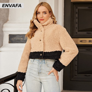 Veste d'hiver en gros, chaude et tendance, courte, en polaire de mouton, avec empiècements en fibre de polyester, pour femme - Product Image 5