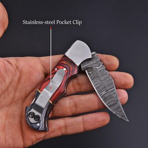 Cuchillo Plegable de Acero de Damasco Forjado a Mano con Mango de Madera Pakka y Clip de Bolsillo + Funda de Cuero, Cuchillo EDC para Caza y Camping - Product Image 2