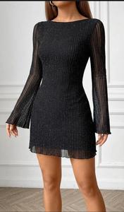 Vestido de cóctel plisado con rayas de lurex y mangas acampanadas Midnight Stardust, vestido acampanado acanalado Celestial, mini Sabina con brillo - Product Image 2