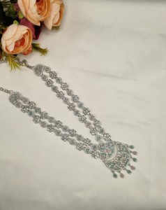 Elegant Rhodium Plated Cubic Zirconia <b>Jewellery</b> <b>Set</b> Multi Layer Long Necklace Matching Earrings Mangtika Partywear <b>Set</b> Wholesale - Product Image 2