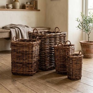new modern minimalist wholesale set of four natural rattan woven storage <b>baskets</b> rustic <b>wicker</b> organizer bins with <b>handles</b> items - Product Image 2