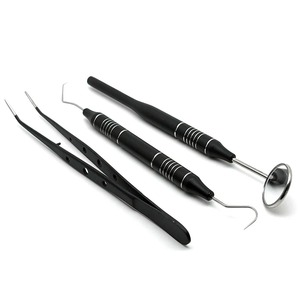Ensemble de 5 instruments dentaires ergonomiques en acier inoxydable noir avec miroir buccal, pinces et sonde incurvée pour soins bucco-dentaires - Product Image 1
