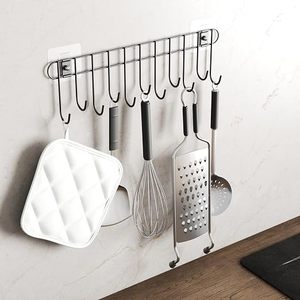 Étagère murale en métal pour cuisine avec 10 crochets, support de rangement auto-adhésif pour ustensiles, design minimaliste - Product Image 1