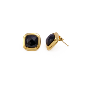 Boucles d'oreilles clous carrées en onyx noir facetté, plaquées or, faites à la main, style bohème, en laiton, cadeau pour femme - Product Image 3