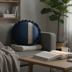 Navy <b>Blue</b> Denim Round Luxury <b>Throw</b> Pillow Cover Washable Removable Low MOQ Home Decor Customisable - Product Image 2