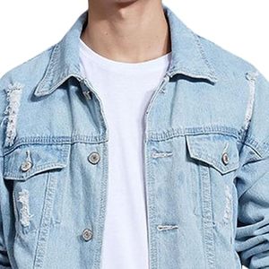 Chaqueta vaquera azul claro para hombre, estilo casual, con botones frontales, desgastada, de color liso, corte holgado, transpirable, ecológica, para invierno, con efecto ácido. - Product Image 2