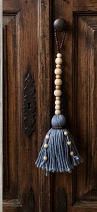 Handmade Wooden Bead <b>Tassel</b> With Gray Yarn Fringe Decorative Keychain - Product Image 2