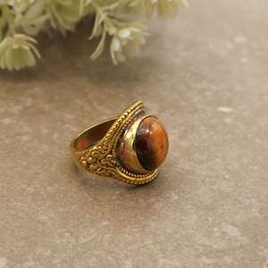 Vintage Boho <b>Tiger</b> <b>Eye</b> <b>Ring</b> Handcrafted 14K Gold Plated Brass Unisex Statement Jewelry - Product Image 3