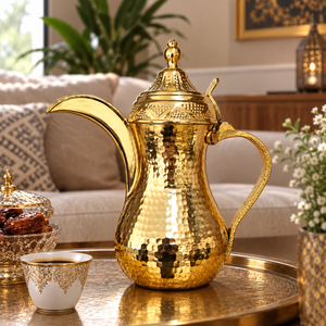 Premium Hammered Gold Brass Arabic Coffee Pot Dallah Long Spout Traditional Bedouin Tea <b>Kettle</b> Commercial Grade Drinkware Factor - Product Image 2