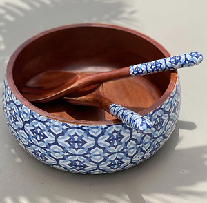 Handmade Wooden Serving <b>Bowl</b> With <b>Blue</b> Patterned Exterior And Matching Spoons For Food Serving Oriental Style - Product Image 1