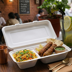 Conteneur alimentaire jetable écologique en forme de coquille |   Boîte à emporter en bagasse pour emballage en vrac, pour plats chauds et froids, burgers et frites - Product Image 3