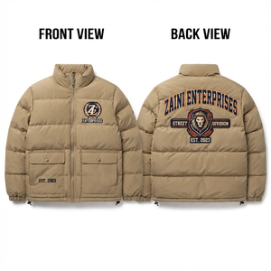 <b>Men</b> Puffer Jacket Premium Nylon Fabric 220 GSM Warm Quilted Winter <b>Coat</b> Custom Embroidery Logo Beige <b>Black</b> Panels Streetwears - Product Image 1